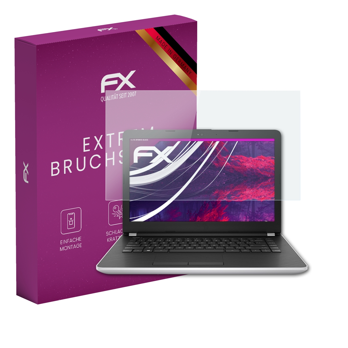 Laptop mit Displayschutz, lila Box. Text: FX, Extrem Bruch, Made in Germany.