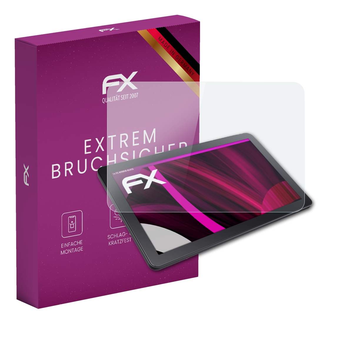 Tablet mit Displayschutzfolie und einer lila Box. Auf der Box steht 'EXTREM BRUCHSICHER'. Made in Germany.