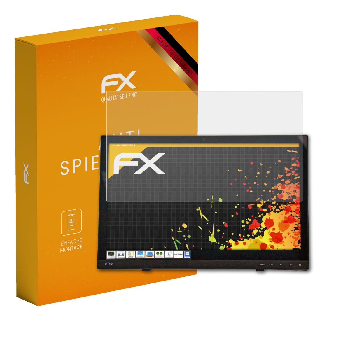 Monitor mit Displayschutz und orangefarbener Box. Auf der Box steht 'SPIEGELU' und 'FX'.