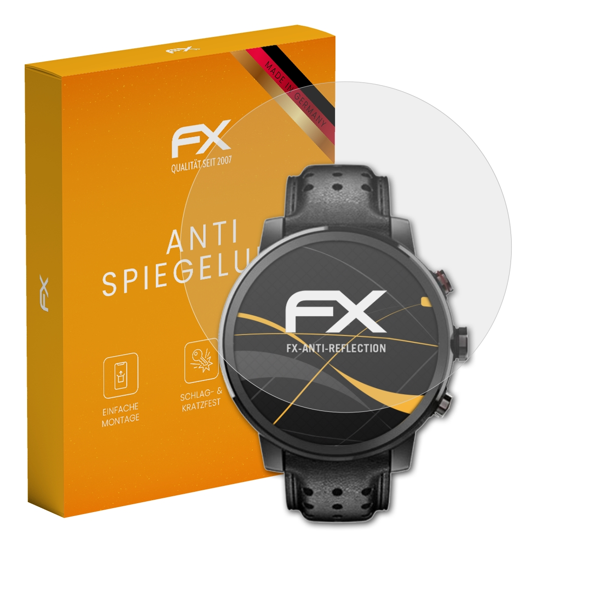 Eine Uhr mit Displayschutz und eine Box.