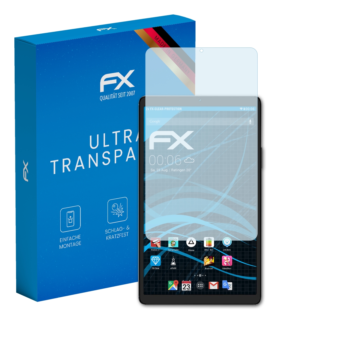 Ein Tablet mit Displayschutz und Schachtel mit FX-Logo, mit deutschem Text.