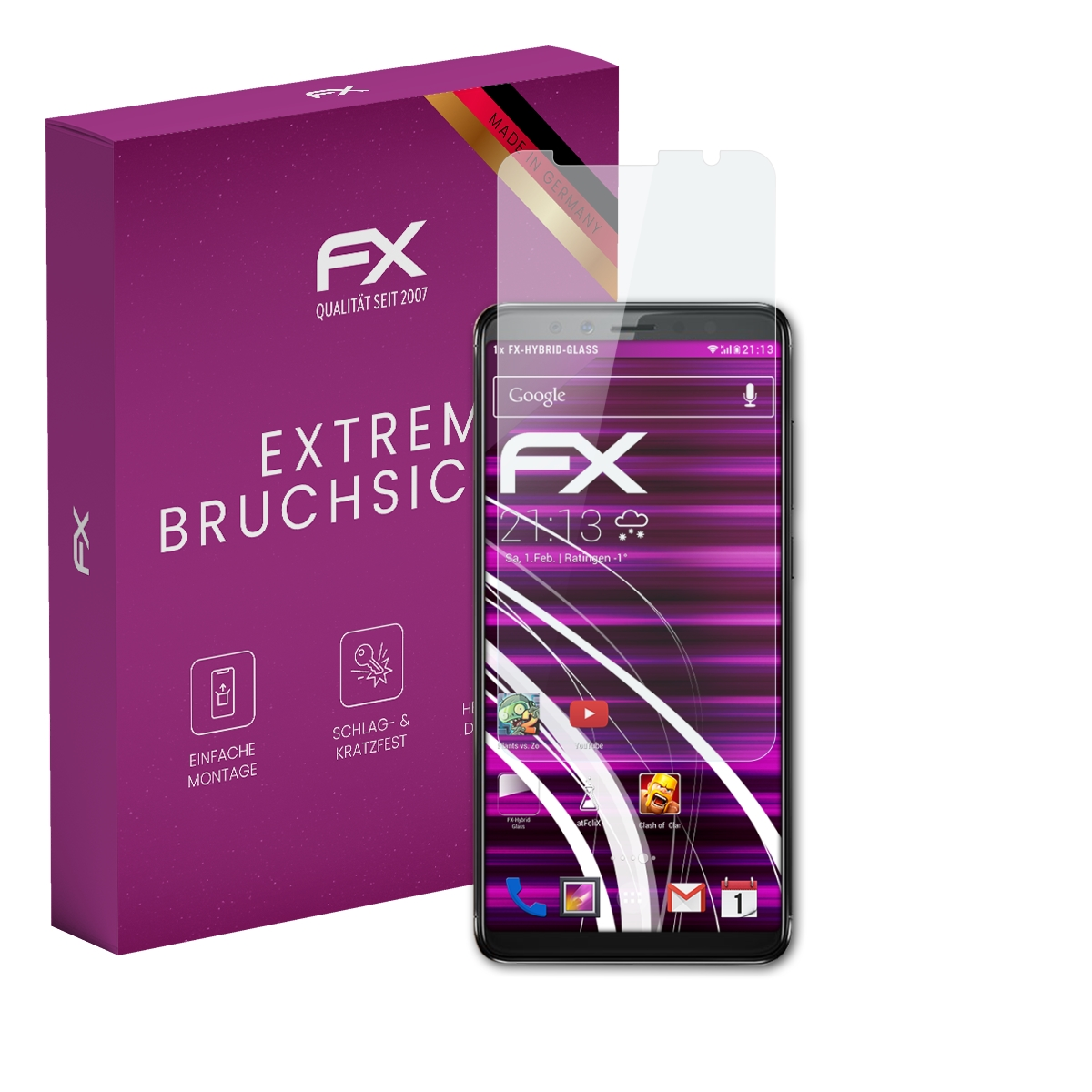 Ein Telefon mit Displayschutz und eine lilafarbene Schachtel liegen auf einer weißen Oberfläche.