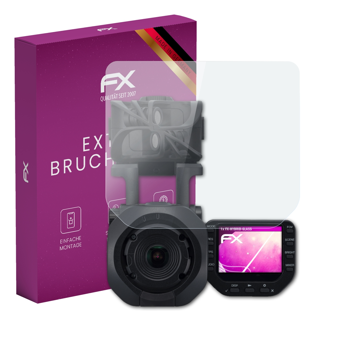 Eine Dashcam mit Displayschutzfolie und einer lila Schachtel, beide mit 'FX' beschriftet.
