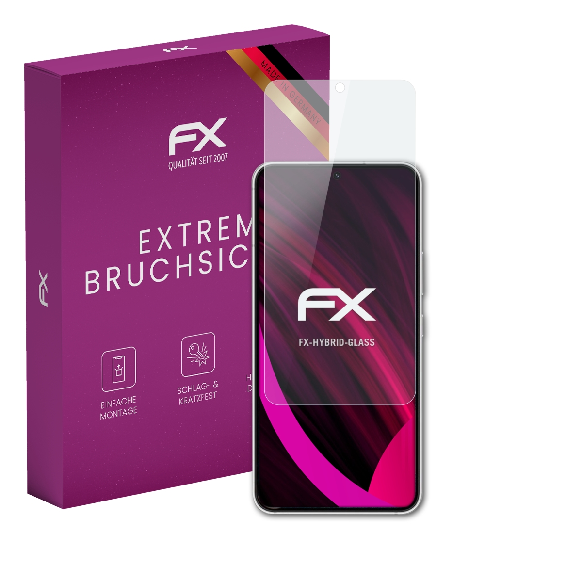 Smartphone mit Displayschutzfolie und Karton. Lila Box mit Text. Made in Germany.