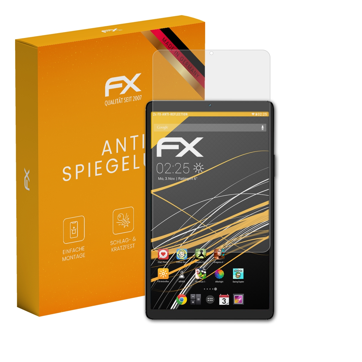 Ein Tablet und Displayschutz neben einer orangefarbenen Box mit 'FX'. Das Tablet zeigt eine Oberfläche mit Symbolen.
