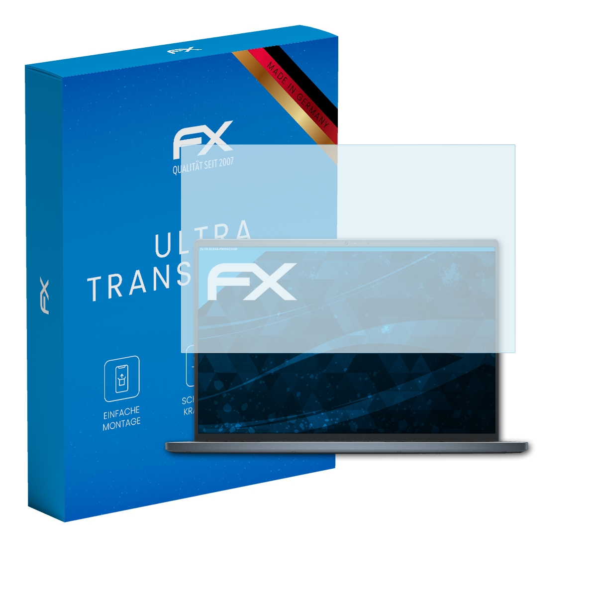 Laptop mit Displayschutz, Box links. Box mit 'FX' Logo und 'Made in Germany' Label.