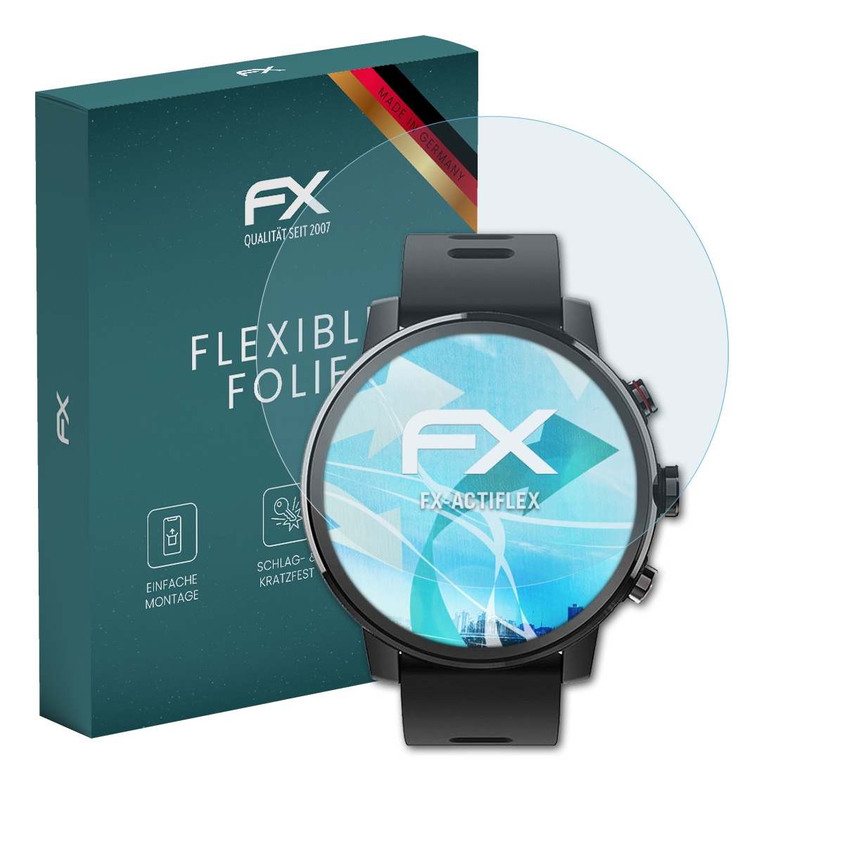 Smartwatch mit Displayschutz und grüner Box. Der Schutz bedeckt das Zifferblatt.