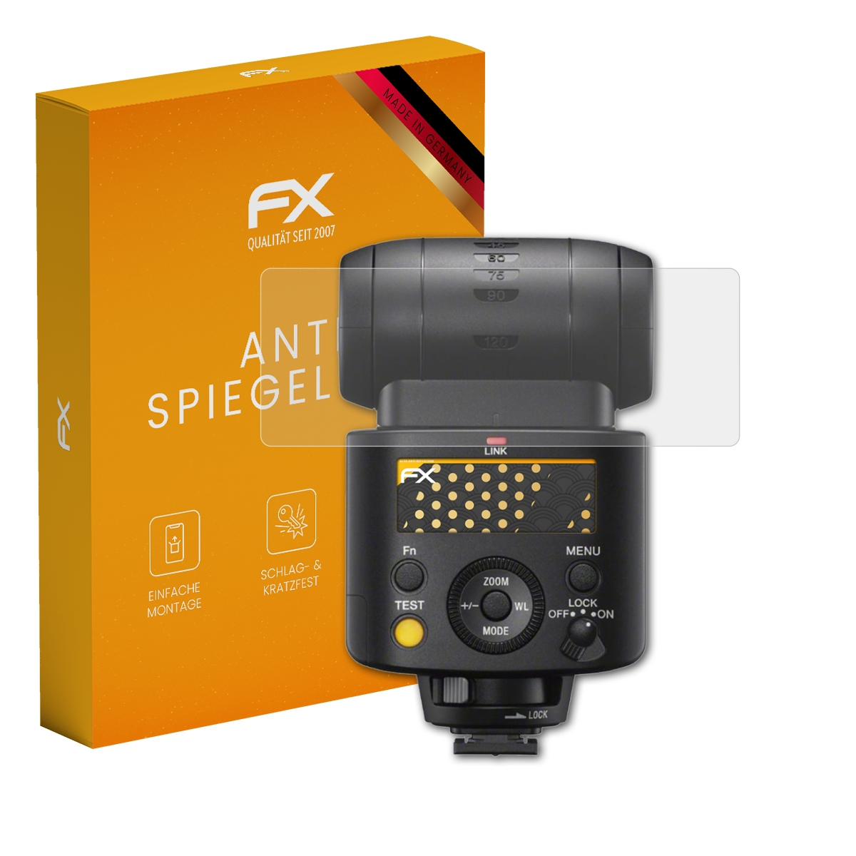 Kamera-Blitz mit Displayschutz. Box mit 'ANTI SPIEGEL' und 'FX'. Schutz auf Blitz, mit Bedienelementen.
