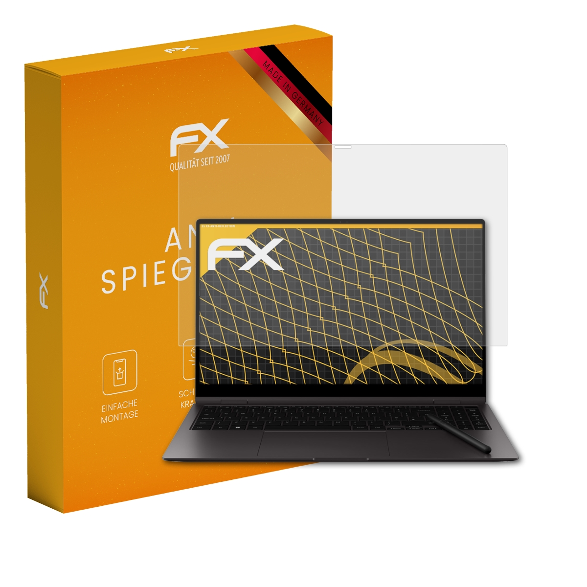 Ein Laptop mit Displayschutzfolie neben einer orangefarbenen Box. Die Box hat Text und Logo.
