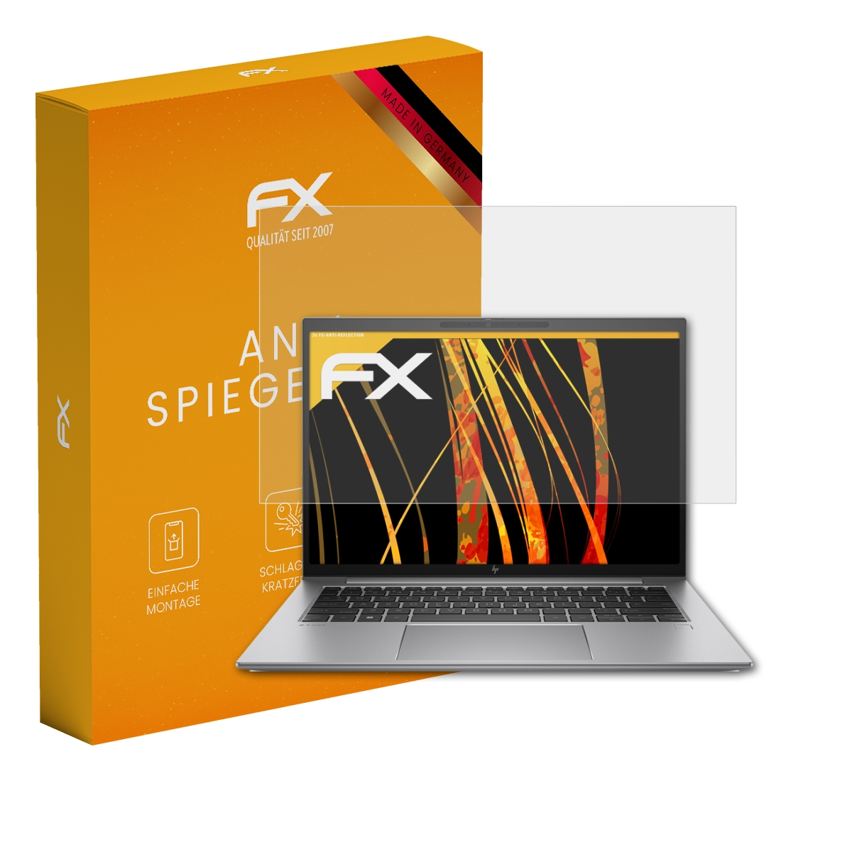 Laptop mit Displayschutzfolie und gelber Box mit FX-Logo.