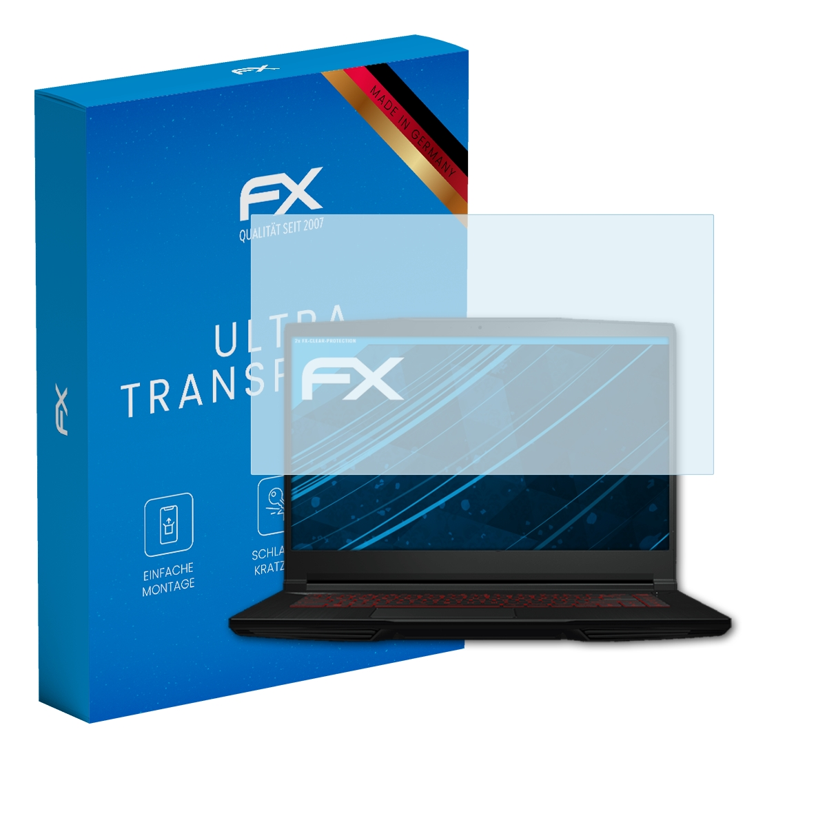 Laptop mit Displayschutz, blaue Box mit Text, weißer Hintergrund.