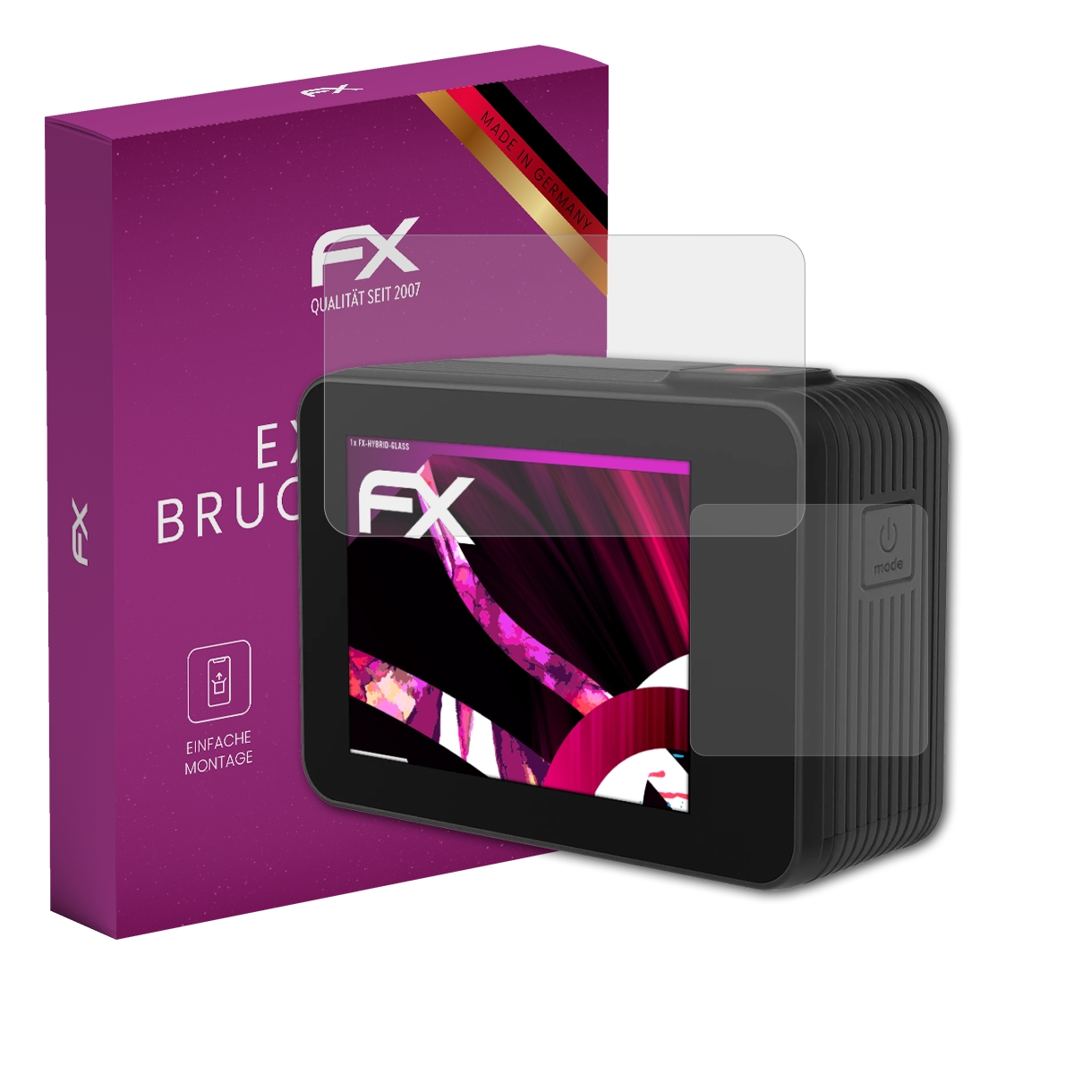 Schwarze Action-Kamera mit Displayschutzfolie und einer lila Box. Die Box hat die Marke FX und sagt 'Made in Germany'.