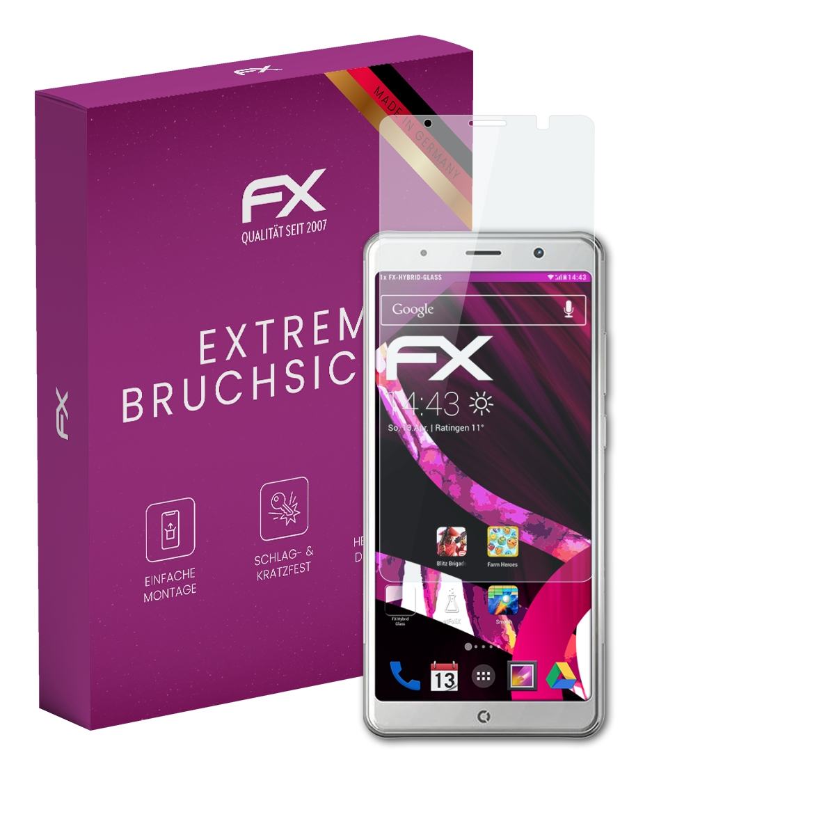 Smartphone mit Displayschutz, Box und FX-Logo.