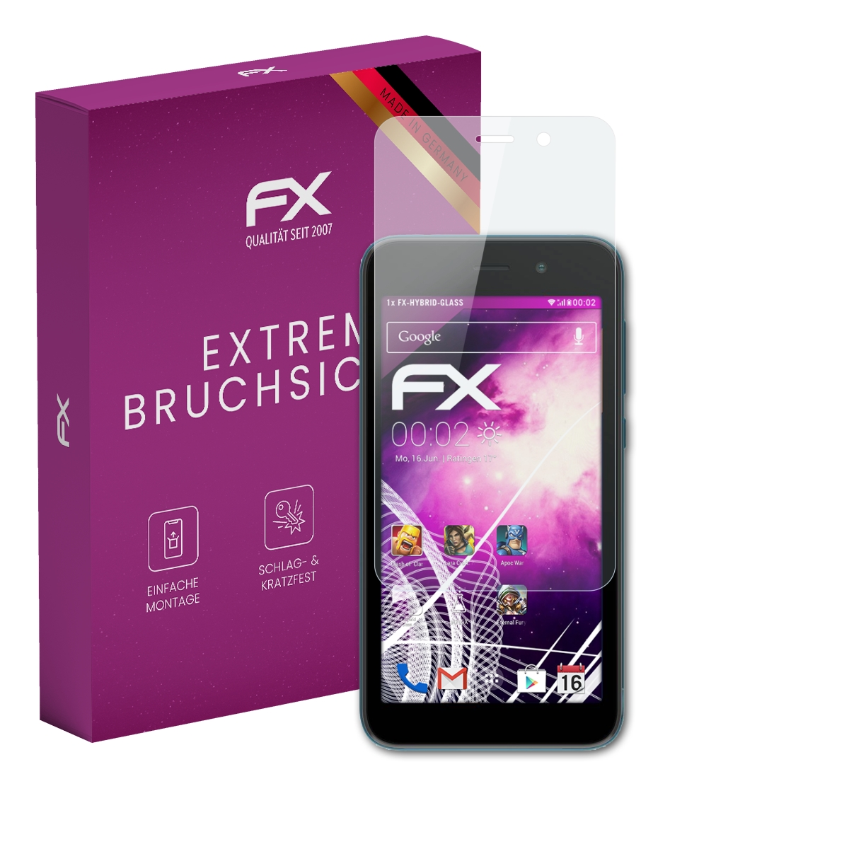 Lila Box, Telefon mit Schutz. Telefon zeigt Zeit und Apps. Text auf der Box: FX, EXTREM BRUCHSIC.
