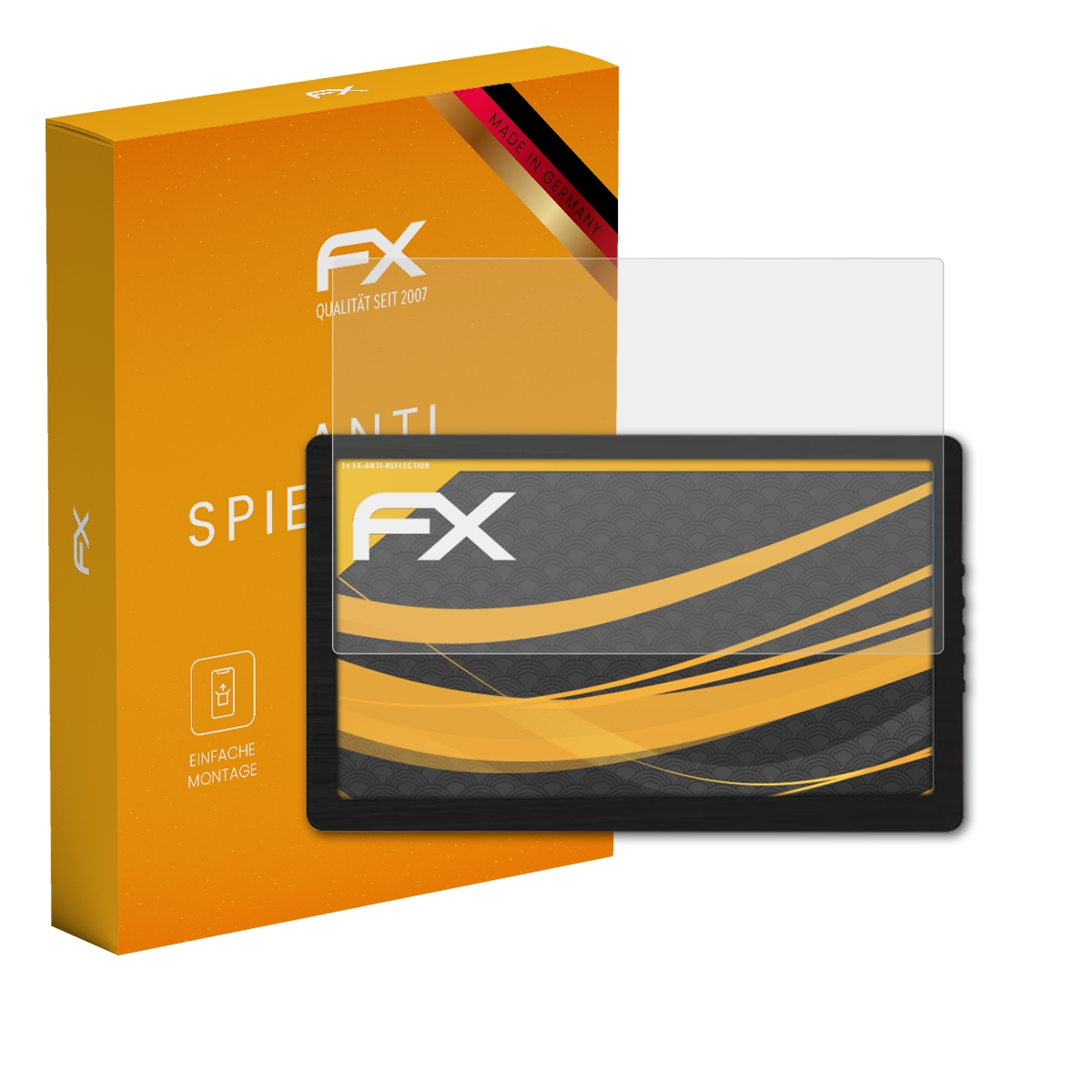Ein Tablet-Displayschutz mit einer Box. Die Box hat das FX-Logo und die Worte ANTI SPIEGELU.