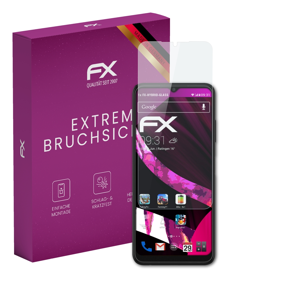 Smartphone mit Displayschutz und einer lila Box. Das Telefon zeigt einen Google-Bildschirm und Apps an. Die Box sagt 'FX'.