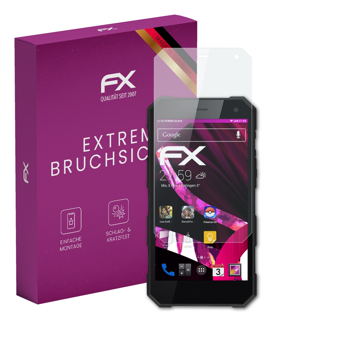 Lila Box und Displayschutzfolie für Smartphone. Telefon zeigt Zeit, Apps und Wetter.