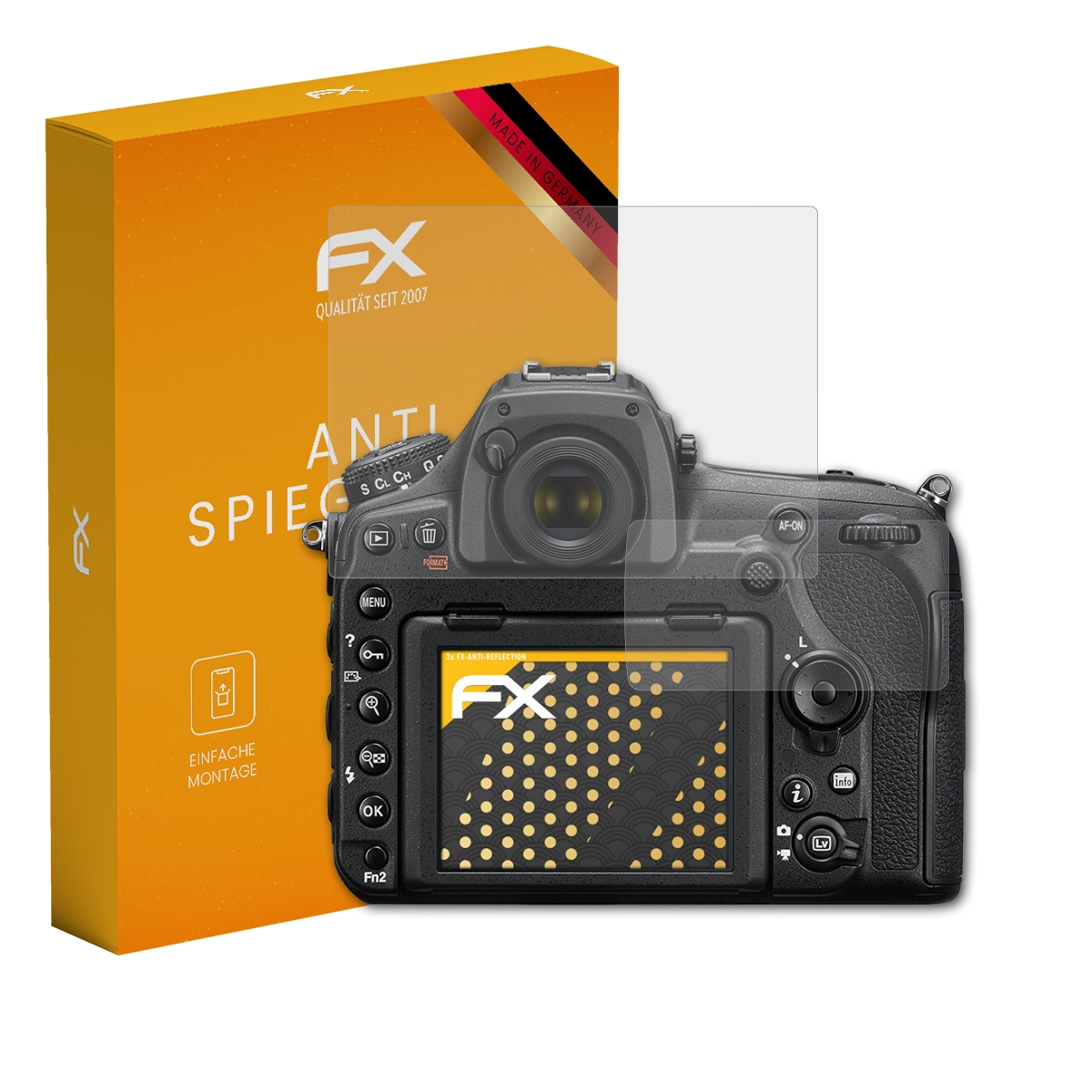 Kamera mit Displayschutz und orangefarbener Box mit FX-Logo und Text 'ANTI SPIEGELUNG'. Kamerascreen sichtbar.