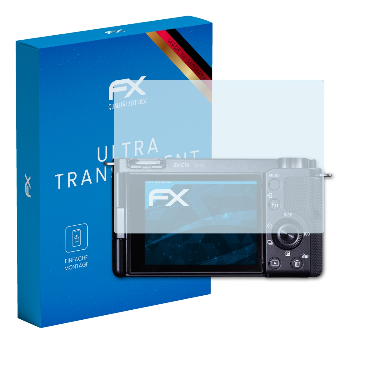 Kamera mit Displayschutz, blaue Box mit Text 'FX'. Made in Germany.