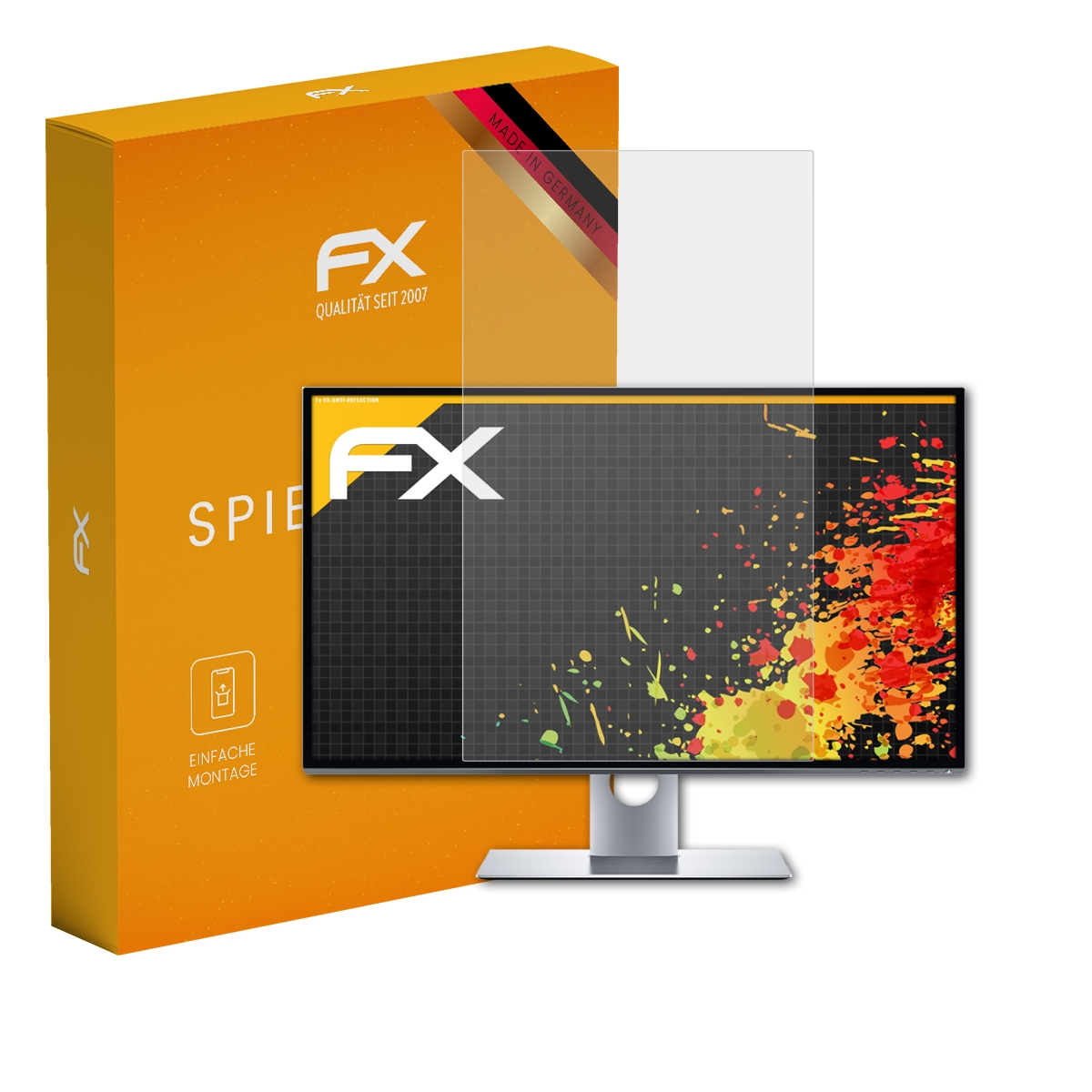 Monitor mit Displayschutzfolie und orangefarbener Box 'FX Spie'.