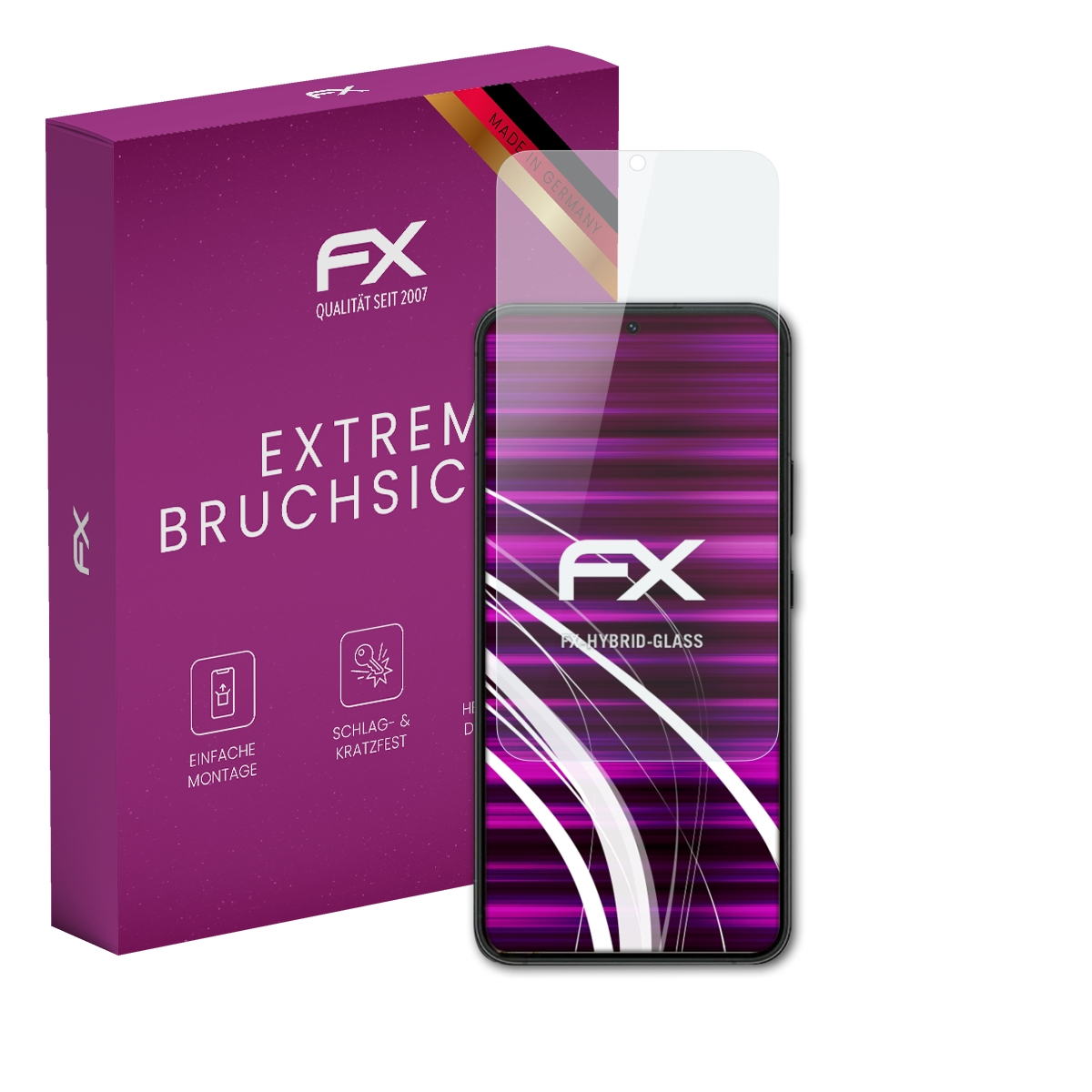 Telefon mit Displayschutz, Box und Schutzdetails. Hintergrund ist weiß.