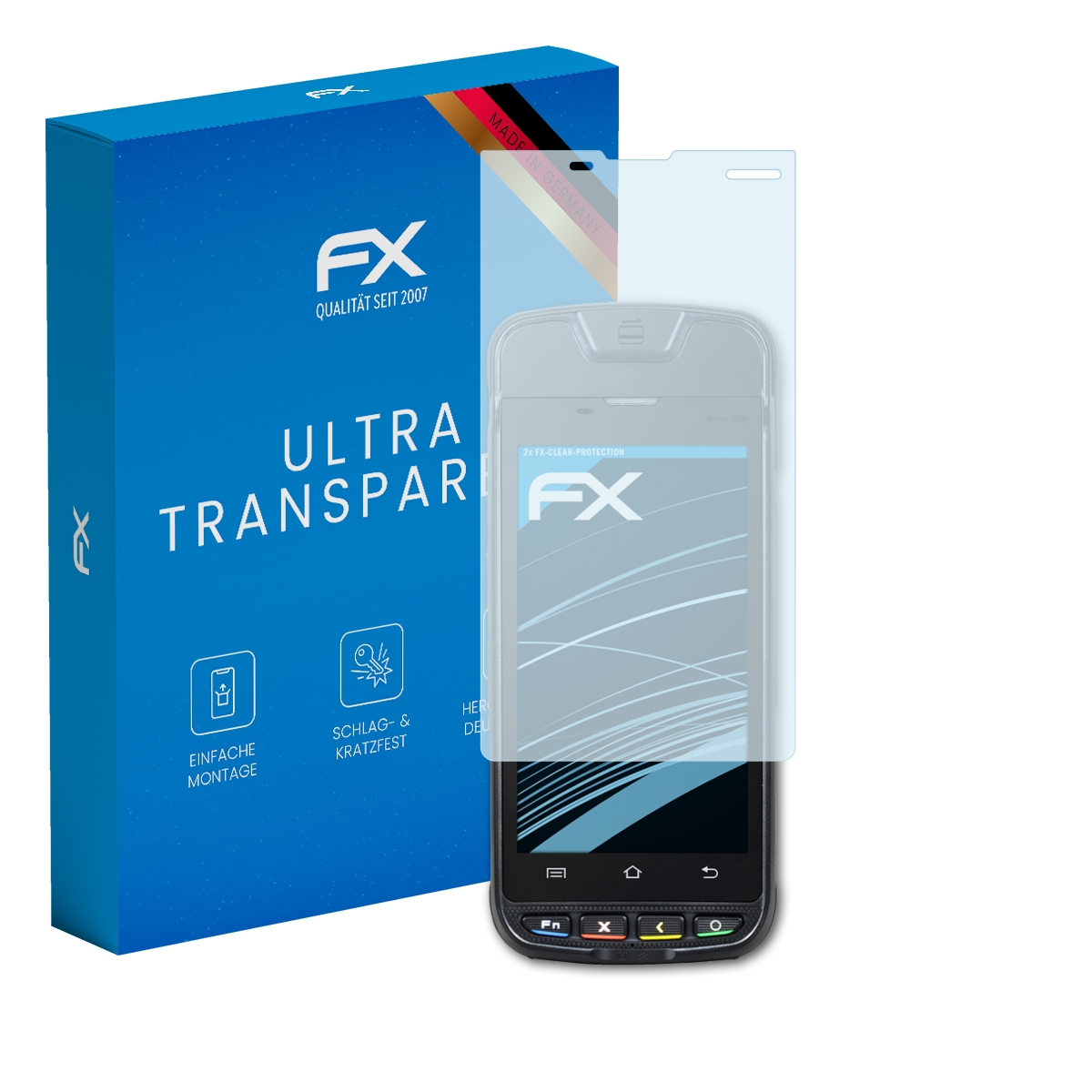 Blaue Box mit FX-Logo, Displayschutzfolie und einem schwarzen Telefon mit bunten Tasten.