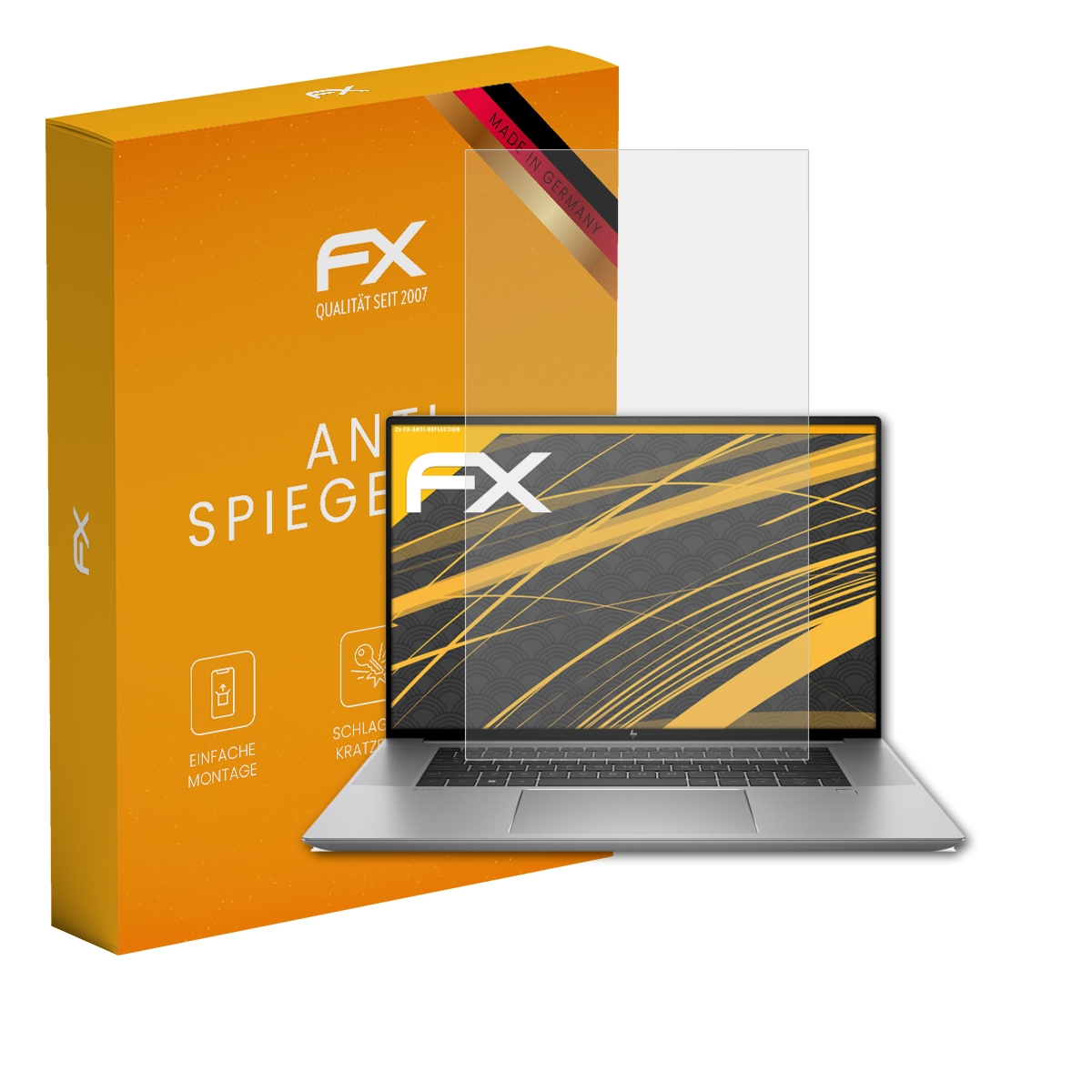 Orangefarbene Schachtel mit Laptop-Displayschutz. Laptop ist geöffnet, zeigt seinen Bildschirm. Schutz ist klar.
