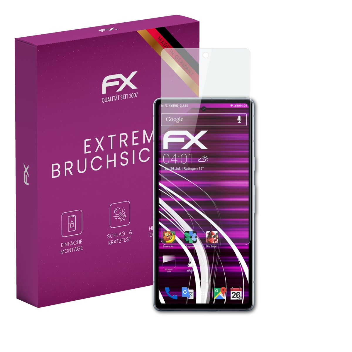 Ein Telefon mit Displayschutz, eine Schachtel mit FX-Logo und deutschem Text.