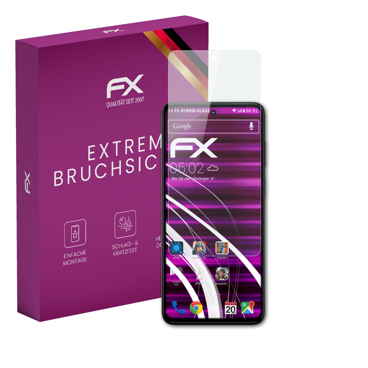 Smartphone mit Displayschutz, lila Box mit FX-Logo. Telefon hat transparenten Bildschirm mit Apps.