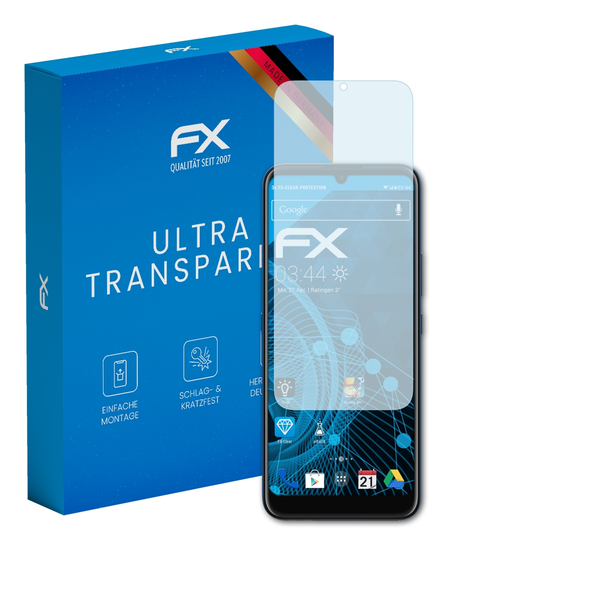 Blaue Box mit Telefon und Displayschutz. Telefonbildschirm sichtbar. Made in Germany.