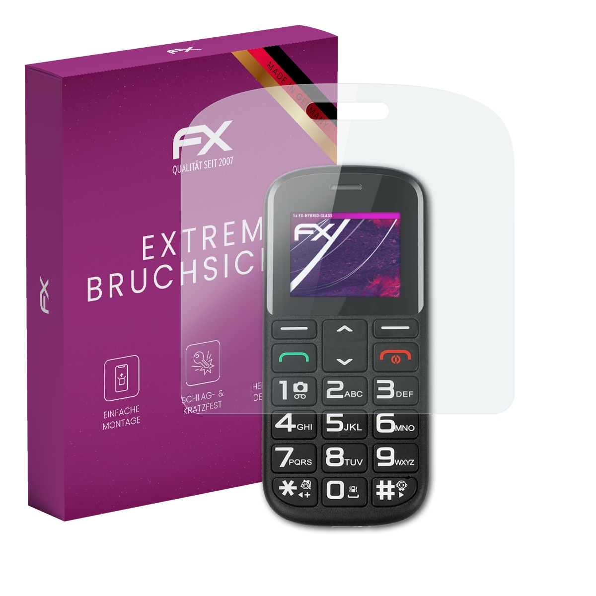 Lila Box mit Telefon und Displayschutz. Telefon zeigt Zifferntasten. Made in Germany.