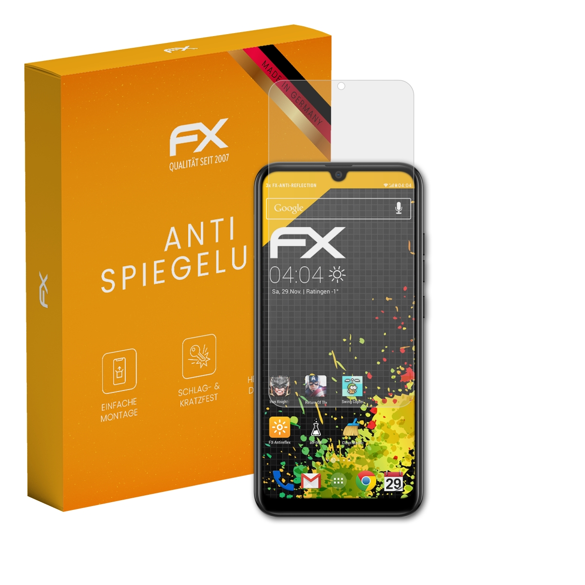 Telefon mit Displayschutz, neben einer orangefarbenen Box mit Text.