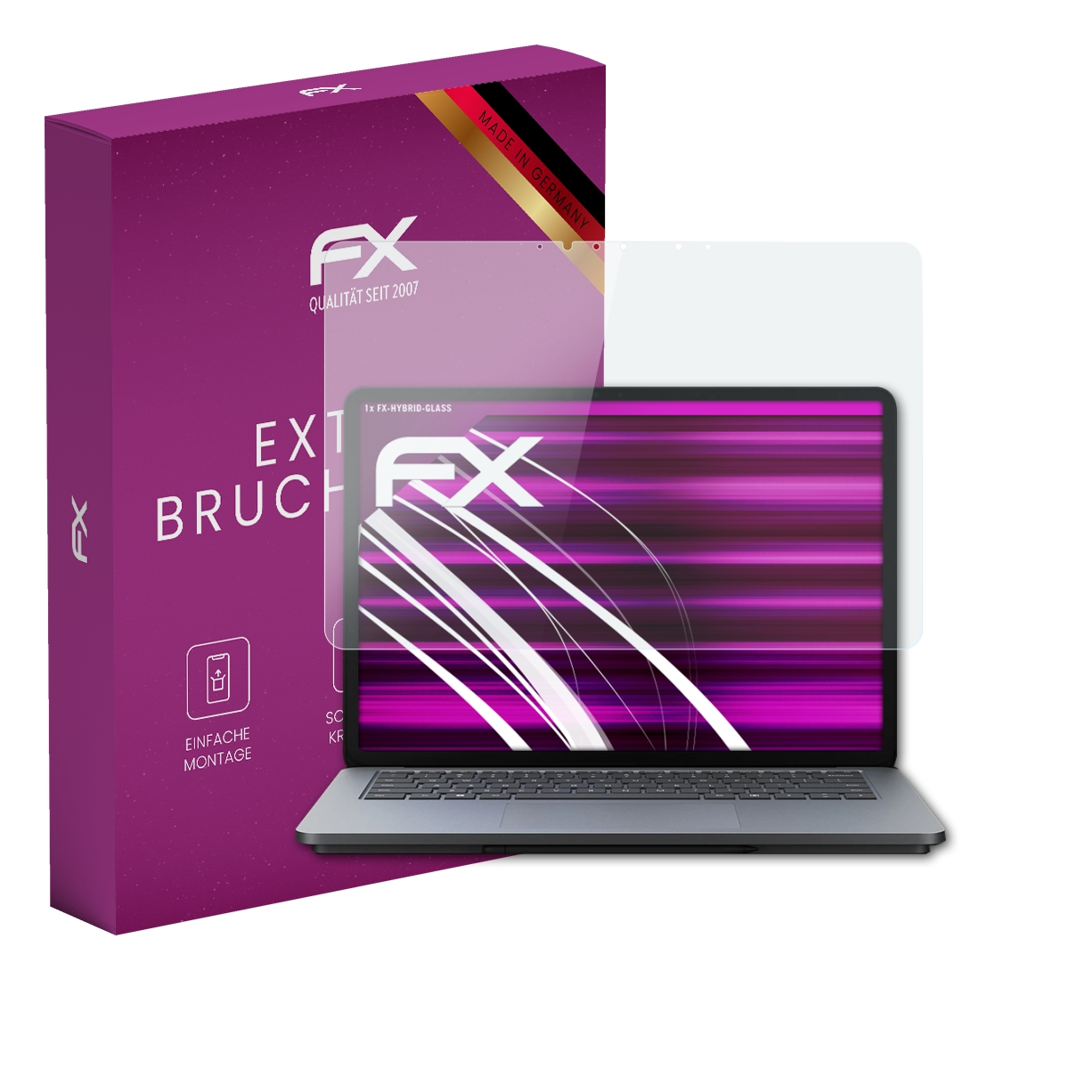 Laptop mit Displayschutzfolie und einer lila Box.