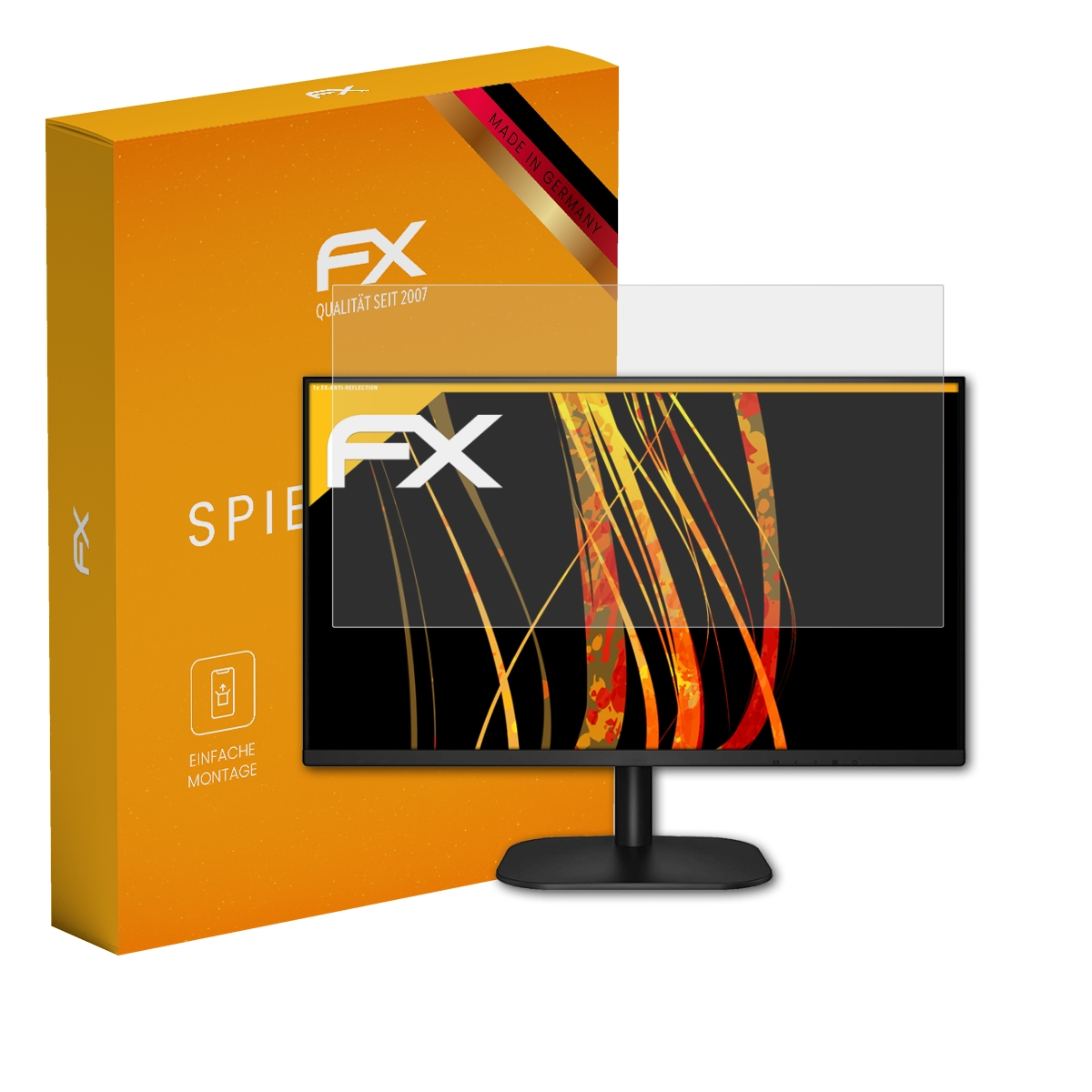 Monitor mit Displayschutz und orangefarbener Box, FX-Logo. Hergestellt in Deutschland.