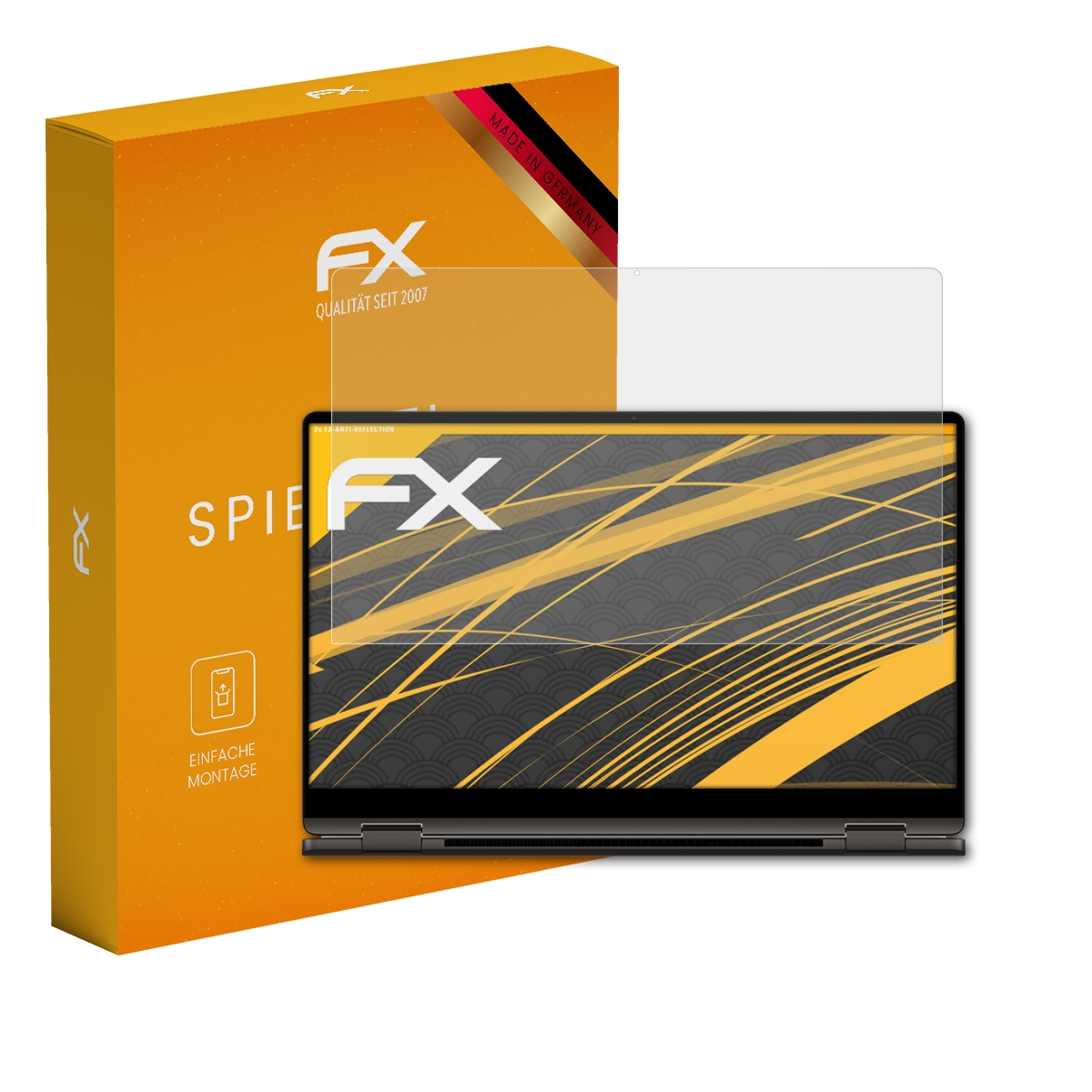 Schwarzer Laptop mit Displayschutz und orangefarbener Box mit Text und Logo.