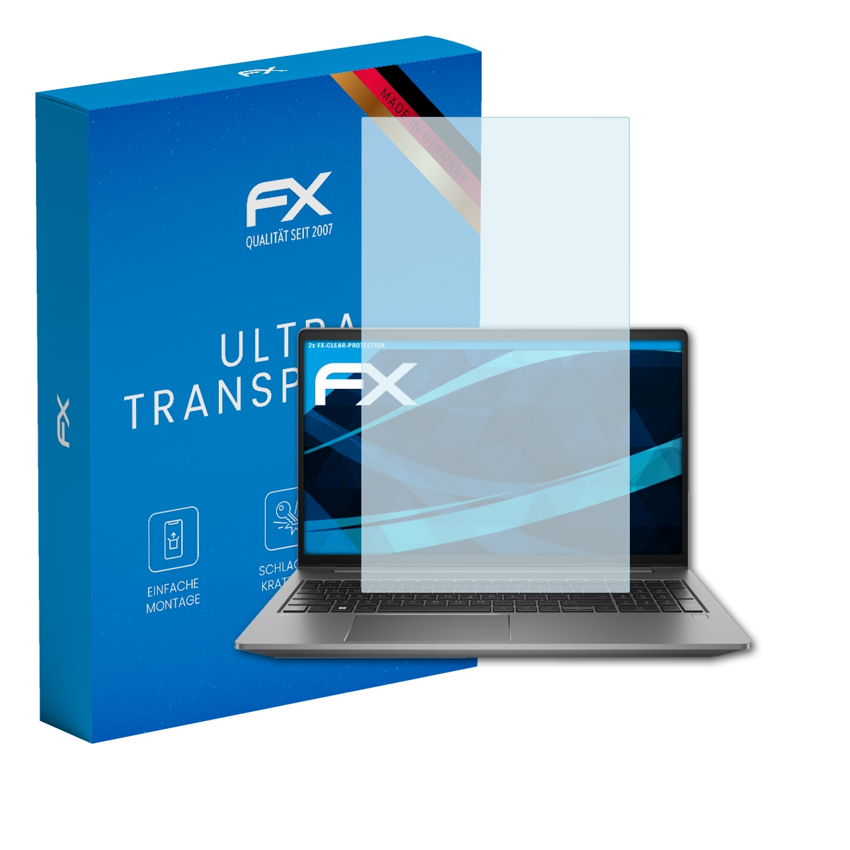 Ein Displayschutz auf einem Laptop. Links ist eine Box. Die Box sagt 'Ultra Transparent' und 'Made in Germany'.