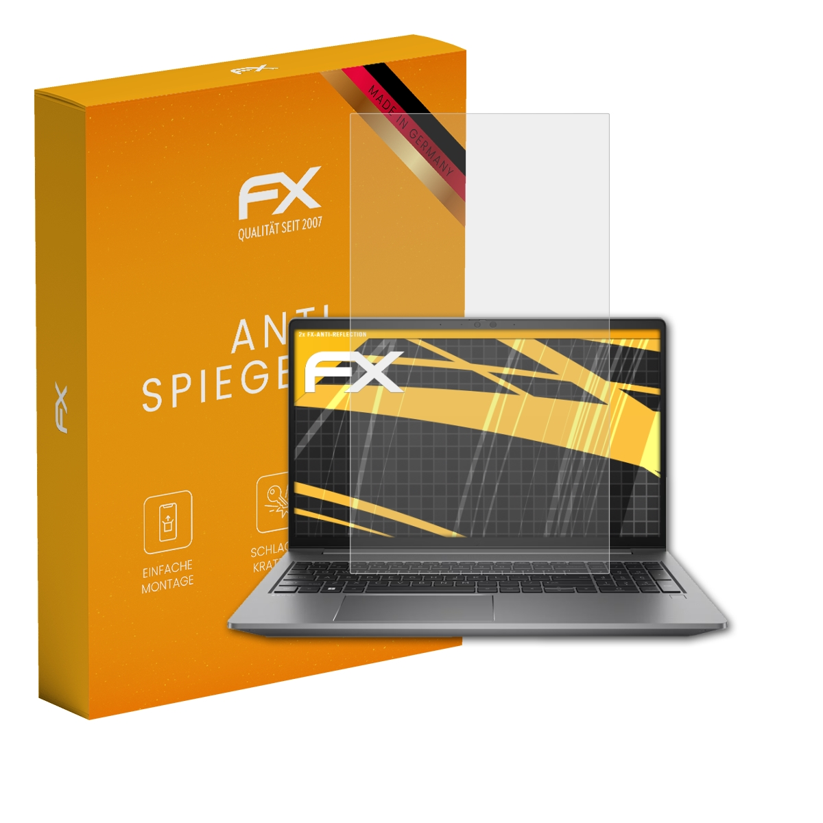 Laptop mit Displayschutz, orangefarbener FX-Box, und Aufkleber 'Made in Germany'.