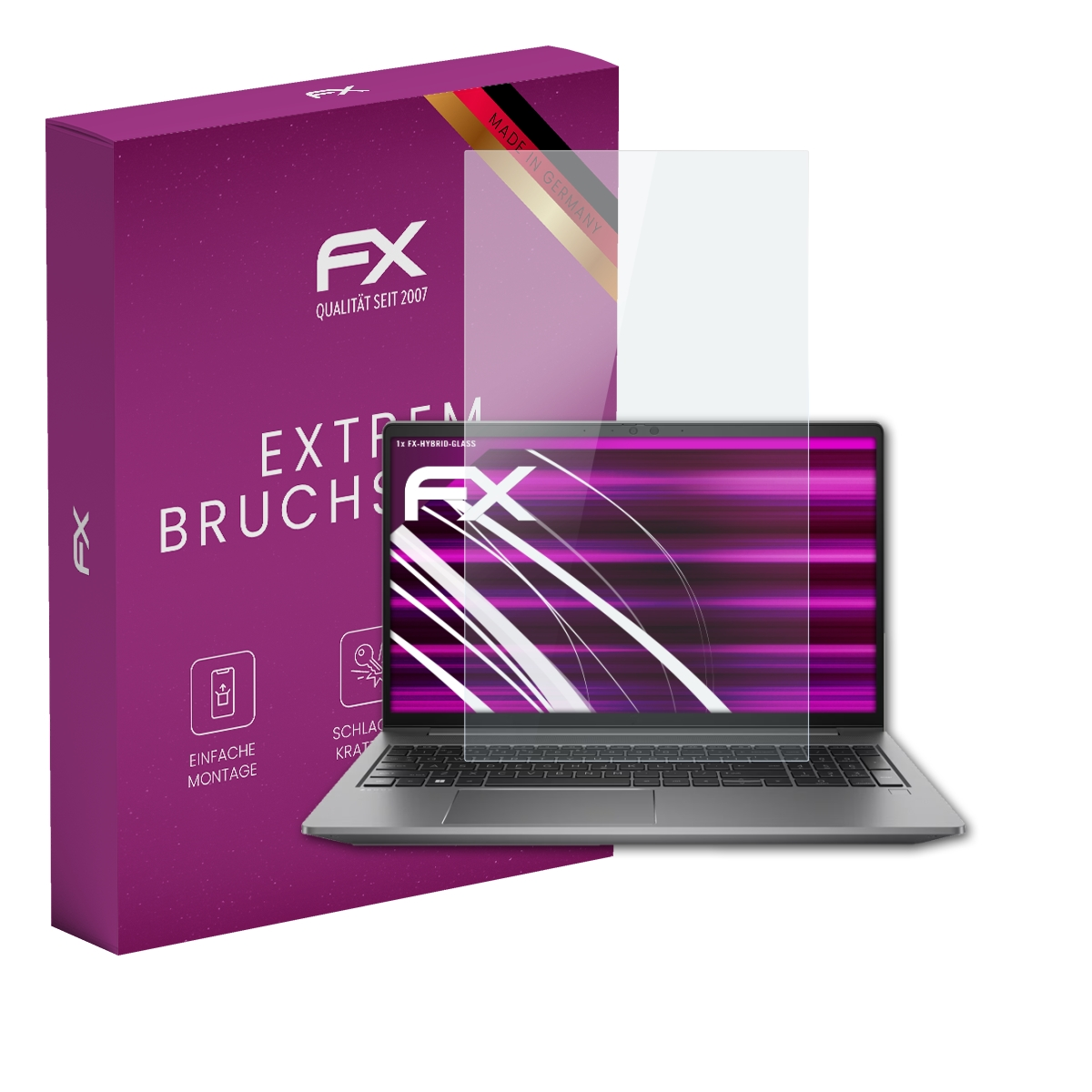 Ein Laptop mit Displayschutz. Die Box ist lila mit dem FX-Logo. Der Schutz ist transparent.