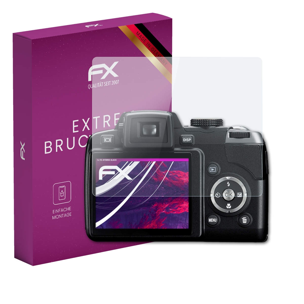 Kamera mit Displayschutz, lila Box, FX-Logo.