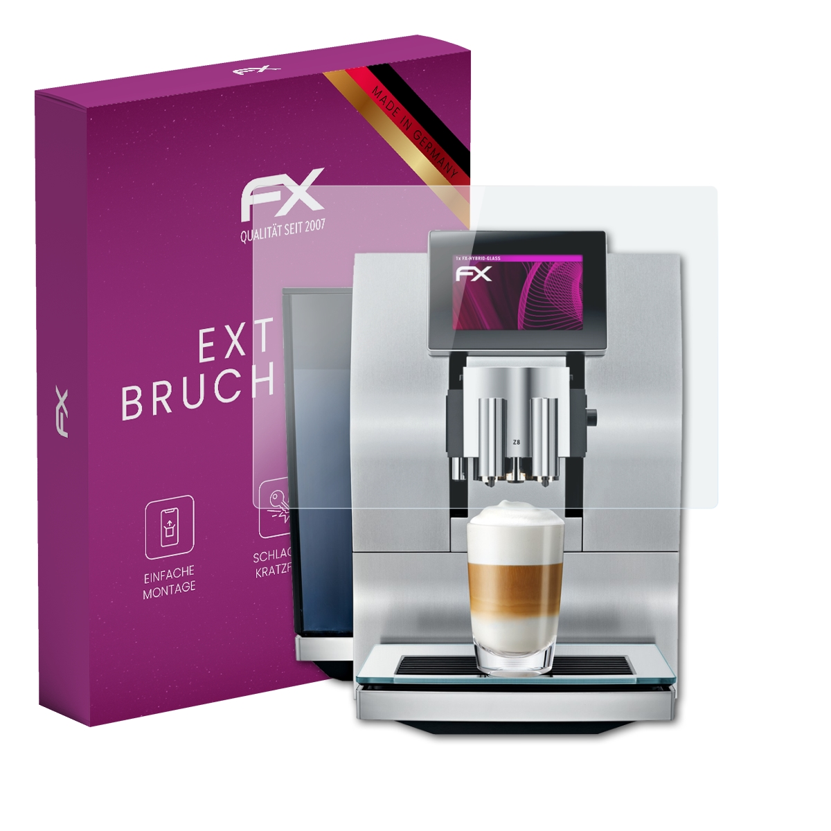 Kaffeemaschine mit Displayschutz und lilafarbener Box. Die Box sagt FX, Extrem und Made in Germany.