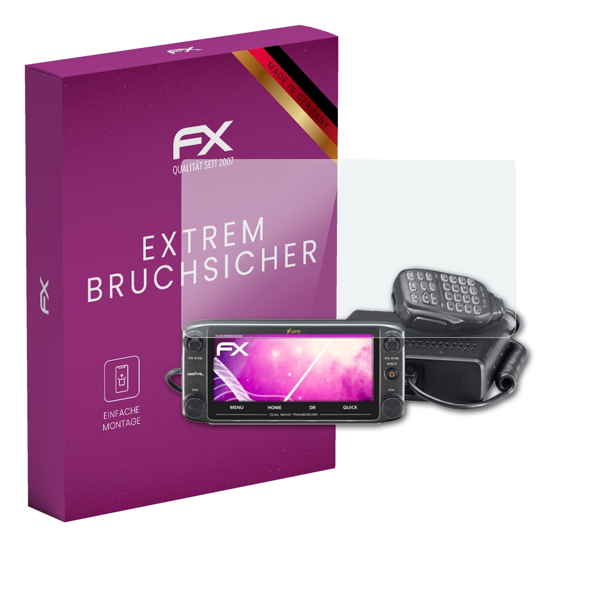 Radio mit Displayschutz und lila Box. Die Box hat Text: FX, und Made in Germany.