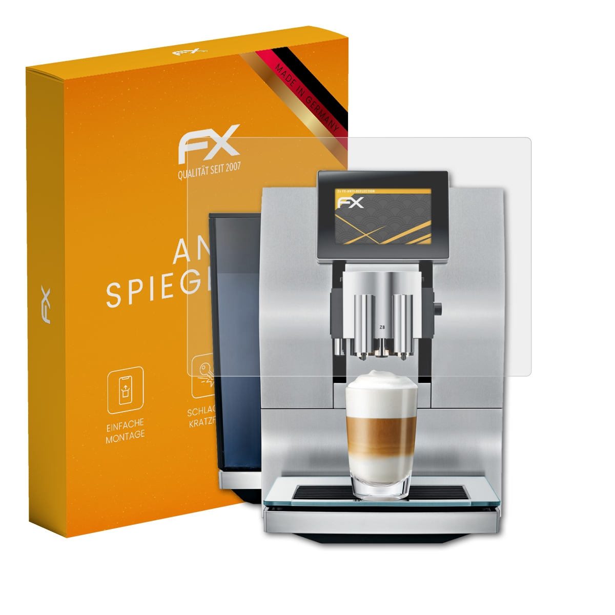 Schachtel mit Displayschutzfolie und Kaffeemaschine. Der Schutz ist transparent, Maschine silber.