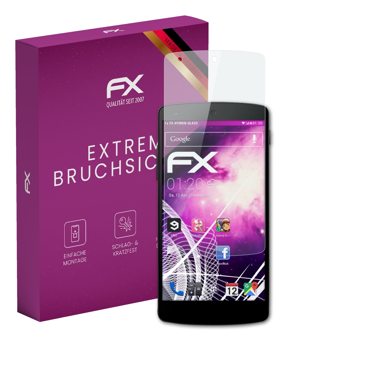 Smartphone mit Displayschutzfolie und lila Box. Beide mit FX-Logo. Boxtext: Extreme, Bruchschicht. Bildschirm zeigt Zeit.