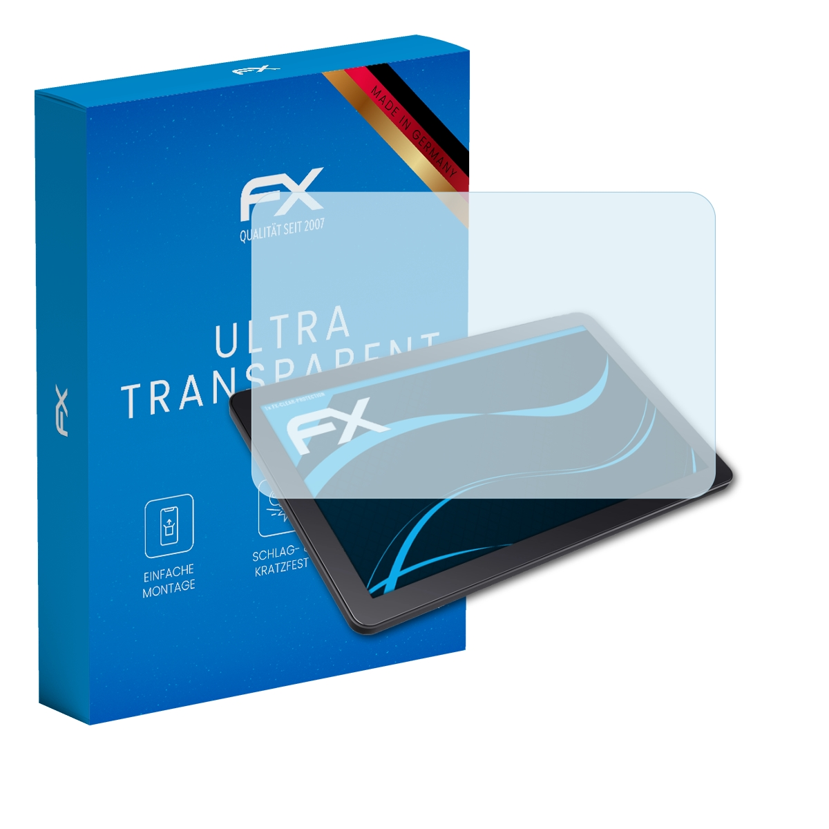 Tablet mit Displayschutzfolie und blauer Box. Beide mit FX-Logo. Boxtext: Ultra Transparent. Gerät ist an.
