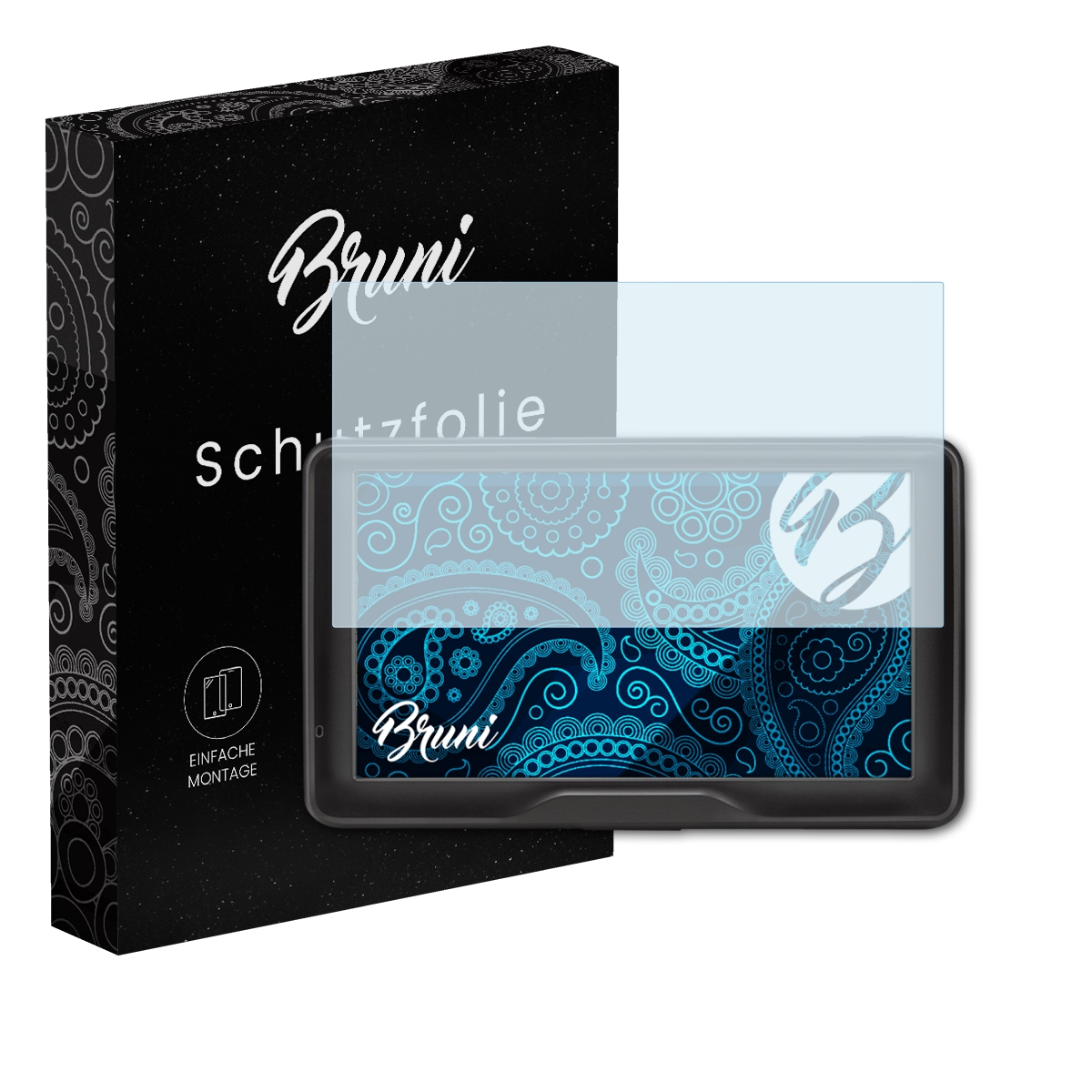Ein Tablet mit Displayschutz und einer schwarzen Box. Das Tablet ist schwarz und die Box ist schwarz.
