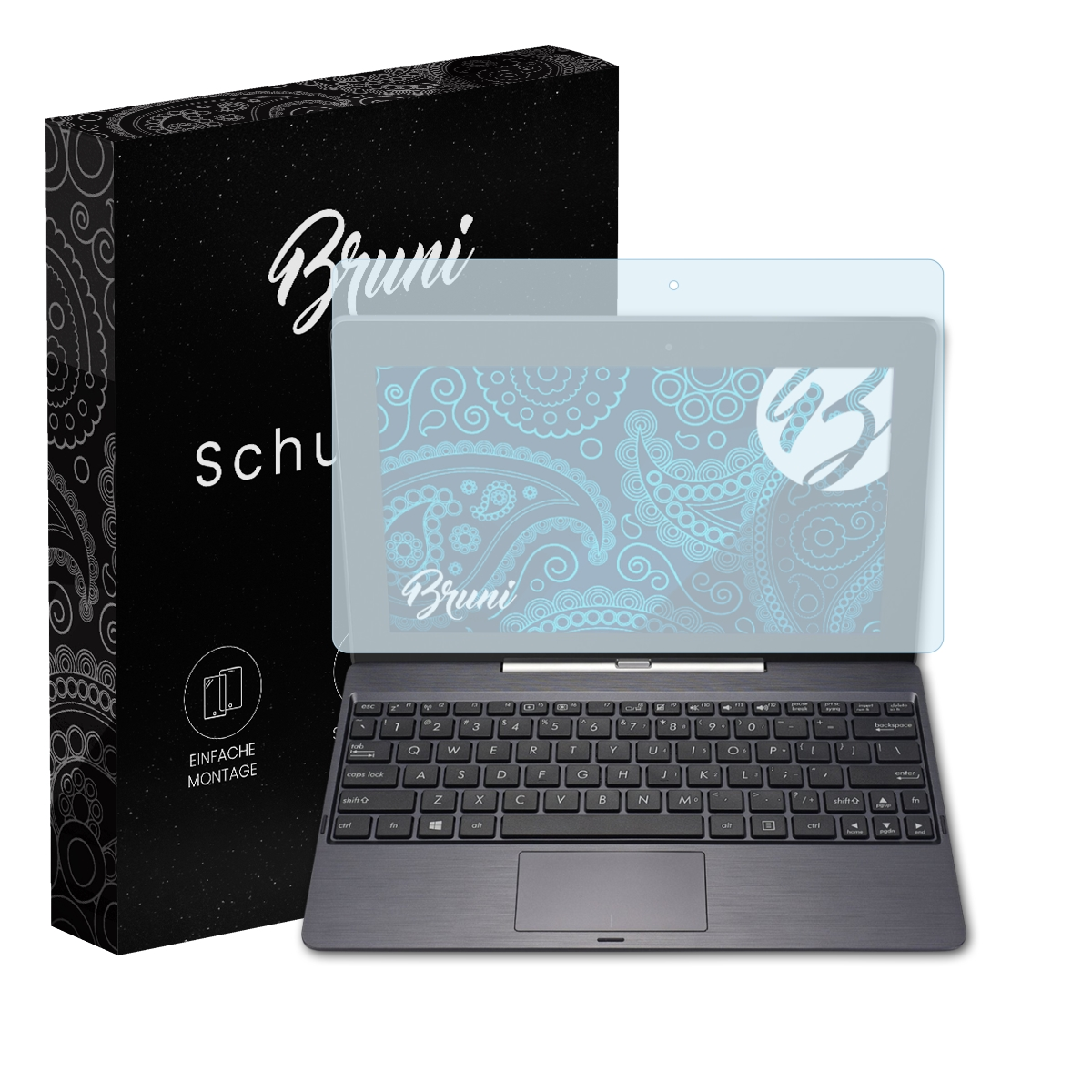 Tablet mit Tastatur und Displayschutz, neben schwarzer Schachtel mit 'Schutzfolie' und 'Bruni'.