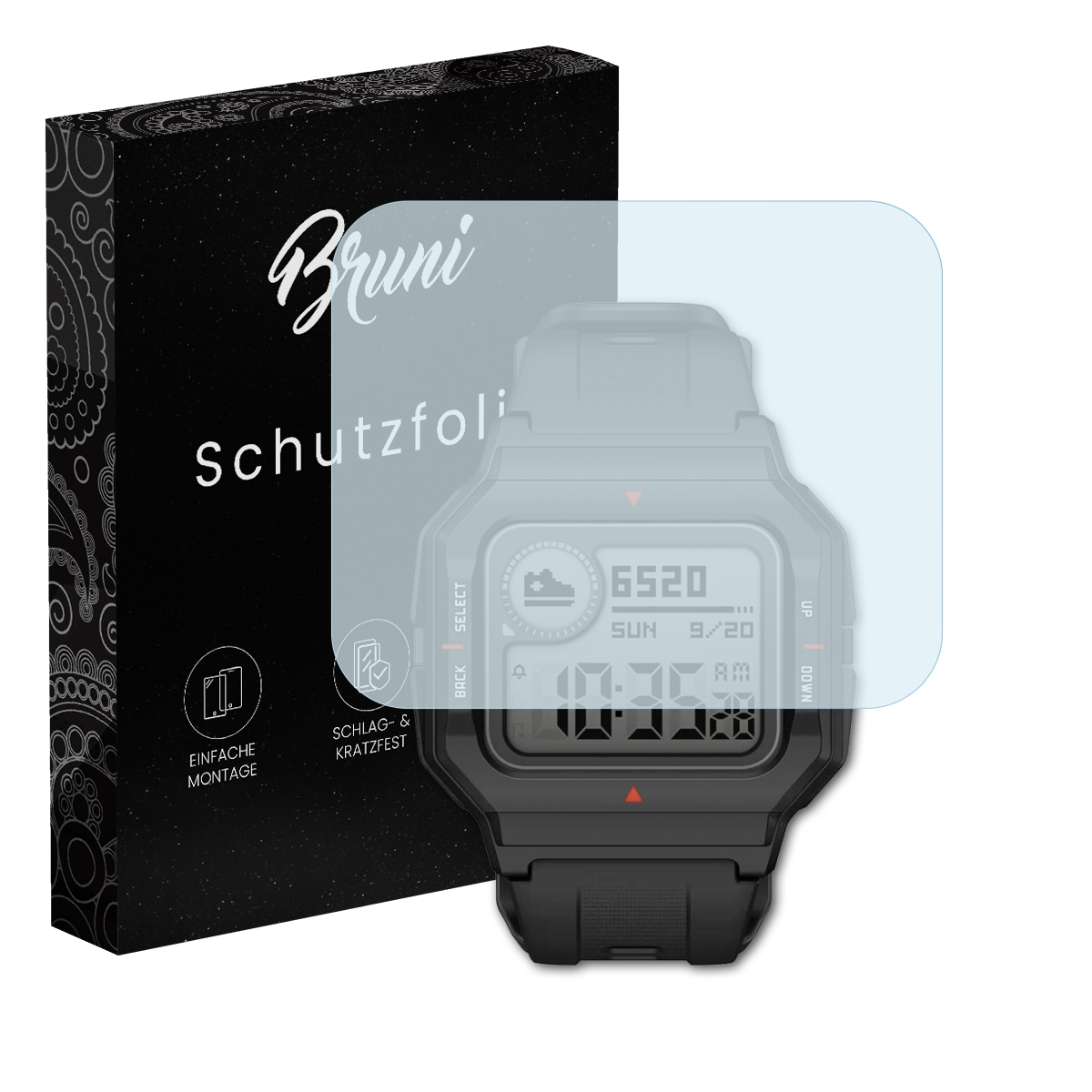 Smartwatch mit Displayschutzfolie, einer Box mit Text und weißem Hintergrund.