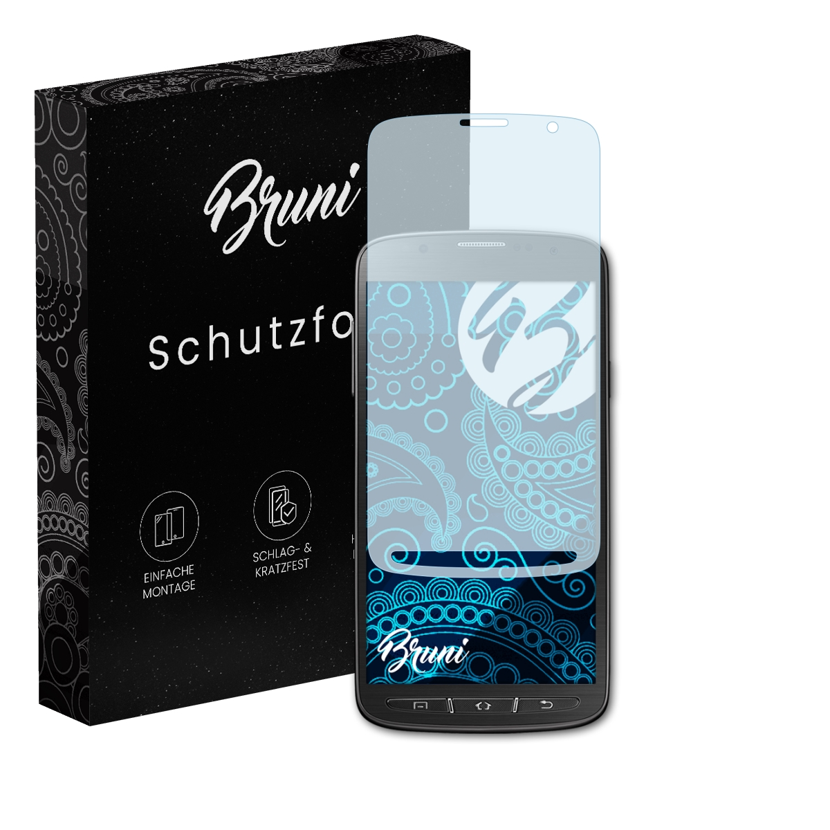 Smartphone mit Displayschutzfolie, einer Box mit Text und weißem Hintergrund.