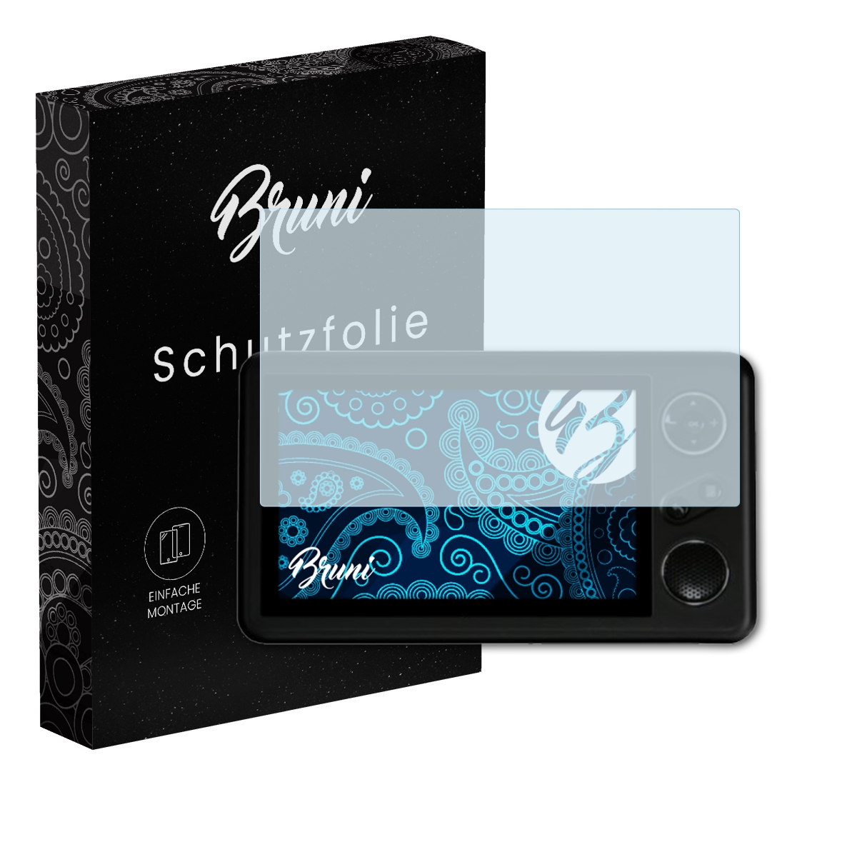 Ein Displayschutz und seine Schachtel. Der Schutz befindet sich auf dem Gerät. Die Schachtel ist schwarz mit weißem Text und Design.
