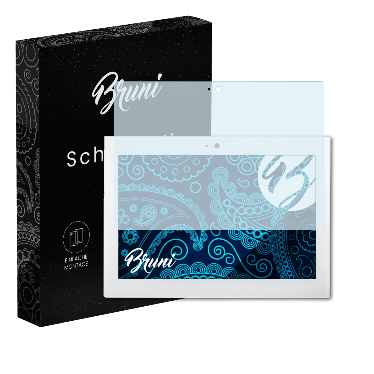 Schwarze Box mit Text und Tablet mit Displayschutz. Der Bildschirm zeigt blaues Blumendesign.